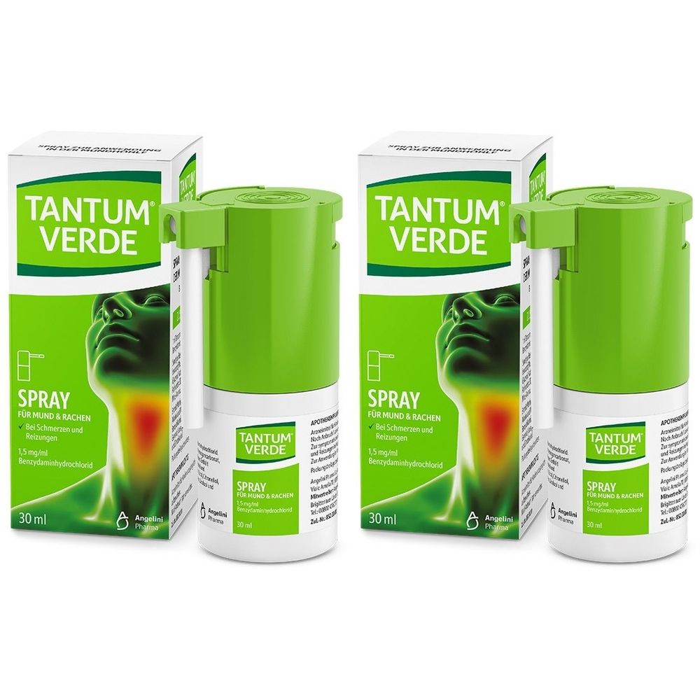 Zwei Sprays mit grünen Kappen und weißen Etiketten. Daneben zwei Schachteln mit dem Logo TANTUM VERDE und der Aufschrift SPRAY.