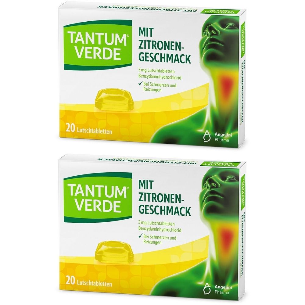 Zwei Schachteln TANTUM VERDE® Lutschtabletten mit Zitronengeschmack. Aufdruck: 20 Lutschtabletten, Abbildung eines Halses.