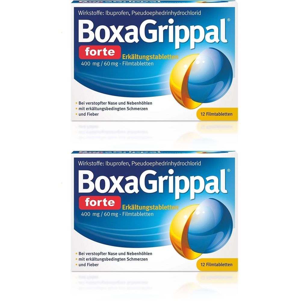 Zwei Packungen BoxaGrippal forte Erkältungstabletten. Blaue und weiße Verpackung mit Produktnamen und Inhaltsangaben. 12 Filmtabletten.