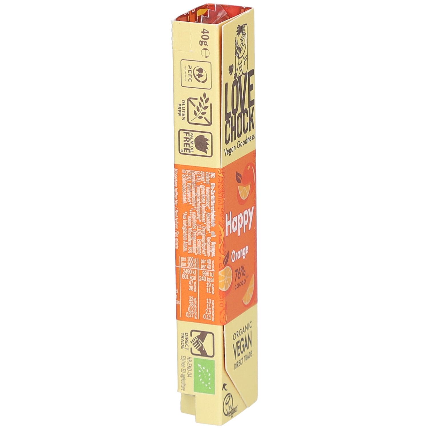 Riegelverpackung mit Texten und Logos. Enthält Informationen zu Allergenen, Glutenfrei, Vegan-Siegel, und Bio-Siegel.