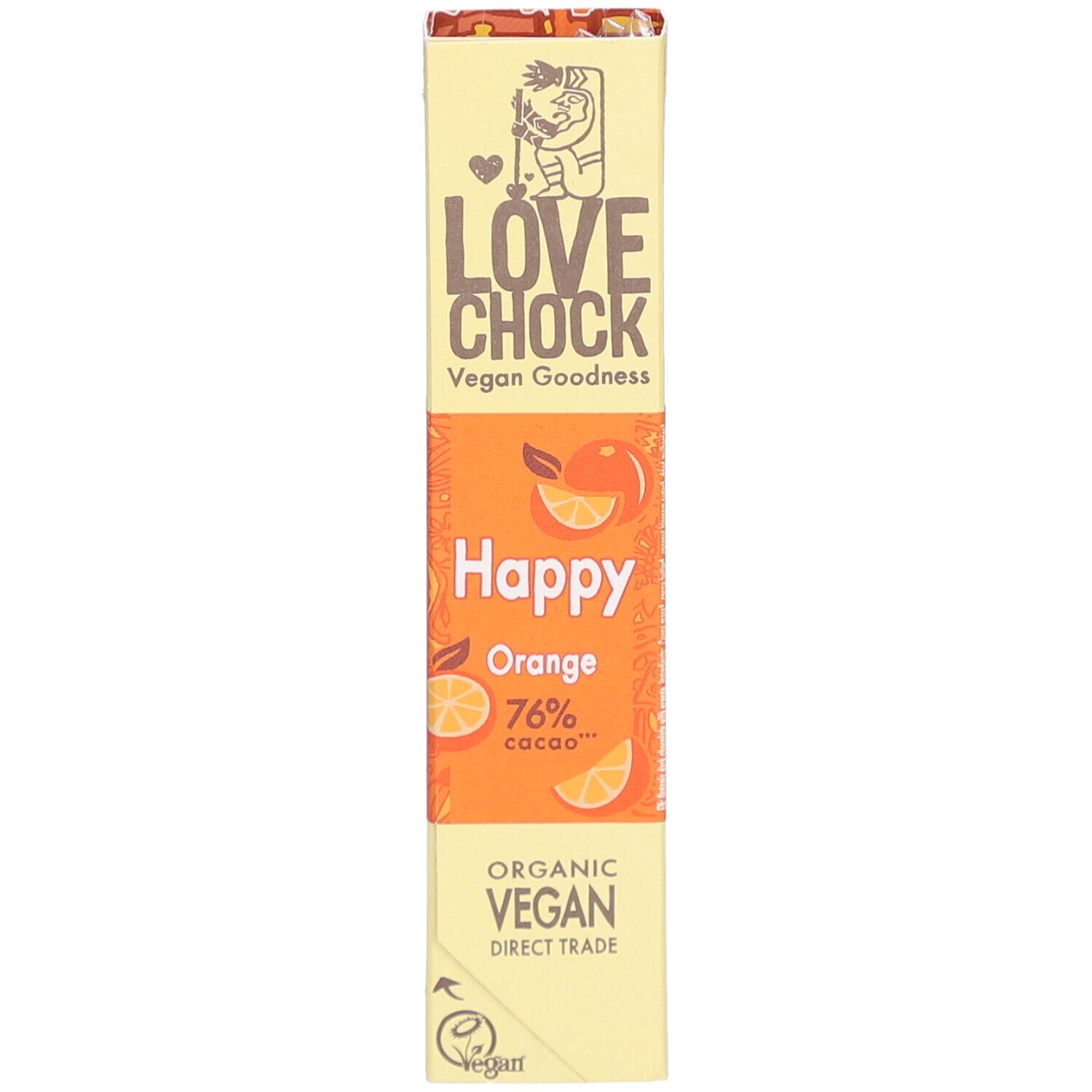 Riegelverpackung mit "Lovechock"-Logo und Produktnamen "Happy Orange". Enthält 76% Kakao und Vegan-Siegel.