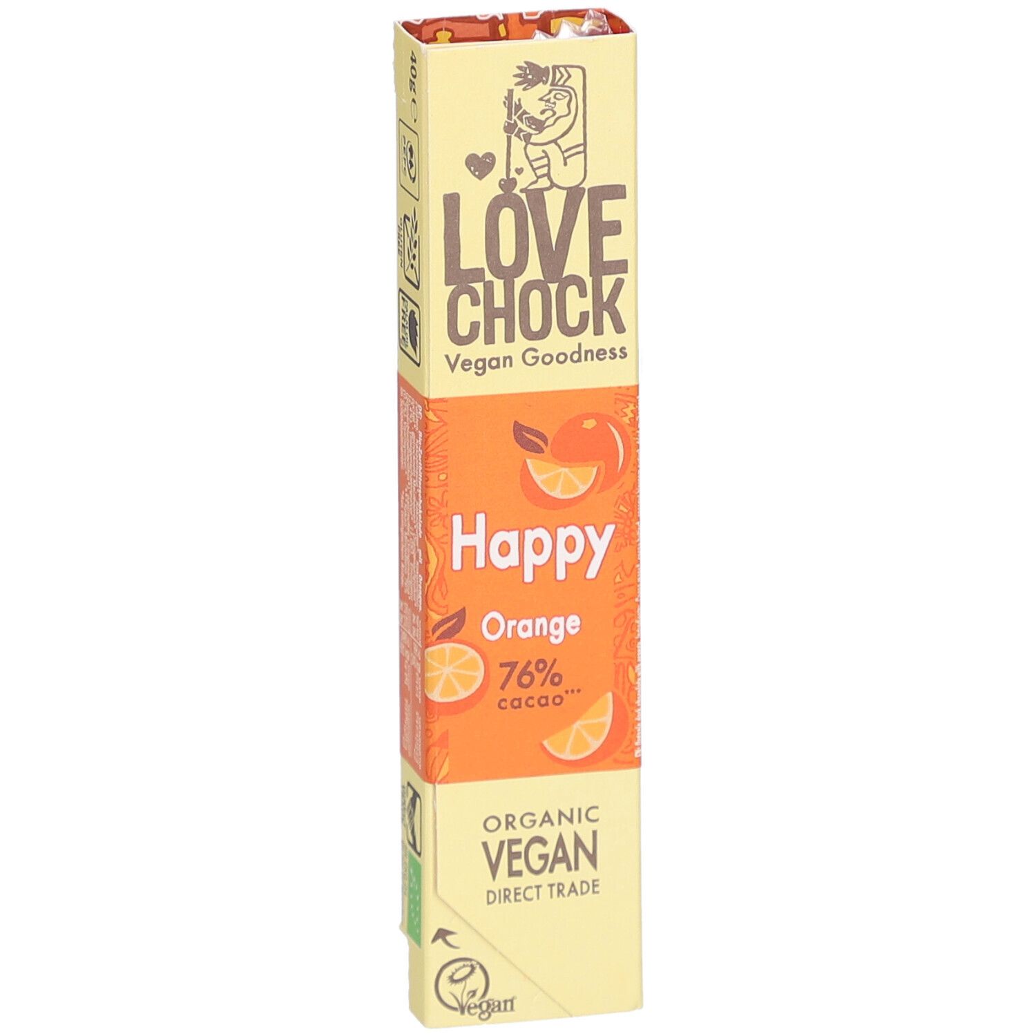 Riegelverpackung mit "Lovechock"-Logo und Produktnamen "Happy Orange". Enthält 76% Kakao und Vegan-Siegel.