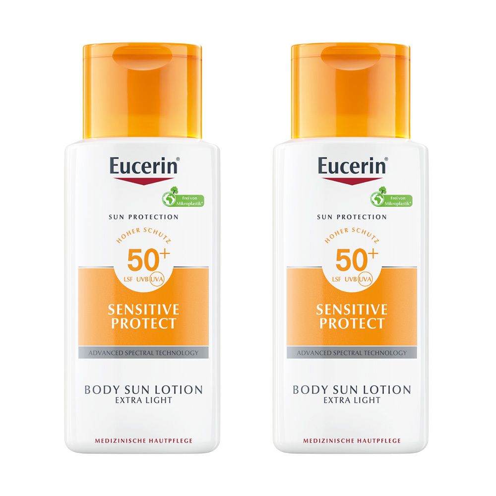 Zwei weiße Flaschen mit orangefarbenem Deckel. Aufschrift: Eucerin, Sun Protection, 50+, Sensitive Protect, Body Sun Lotion Extra Light.