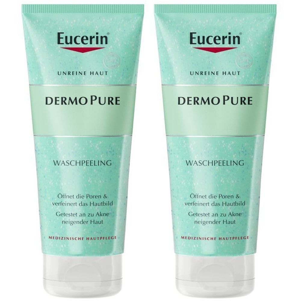 Zwei Tuben Eucerin DermoPure Waschpeeling. Türkis-weißes Design, Produktnamen und Schriftzüge. Medizinische Hautpflege.