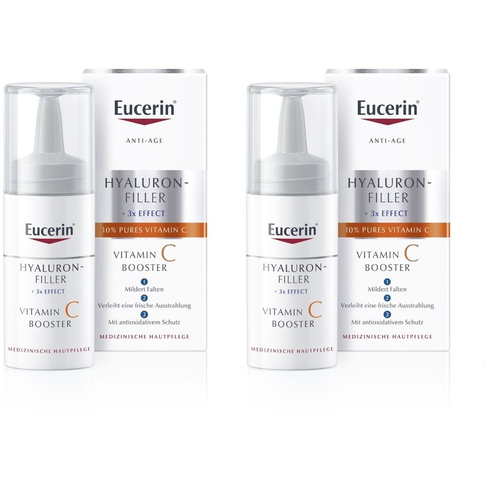 Zwei Flakons und Verpackungen. Auf den Flakons und Verpackungen steht "Eucerin", "Hyaluron-Filler + 3x Effect" und "Vitamin C Booster".