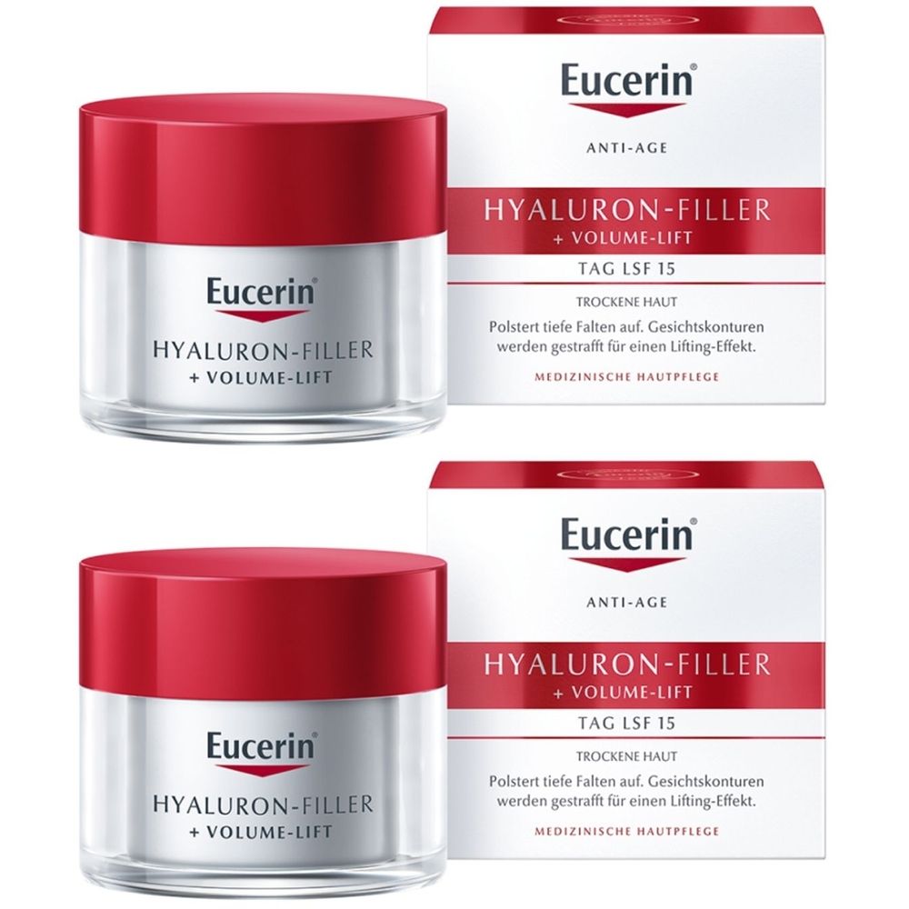 Zwei Tiegel mit rotem Deckel und silbernem Behälter. Aufschrift: Eucerin, Hyaluron-Filler + Volume-Lift. Daneben zwei Kartons.