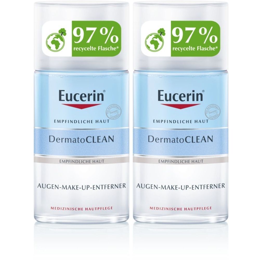 Zwei Flaschen Eucerin DermatoCLEAN Augen-Make-Up-Entferner. Blaue Flüssigkeit, weißer Deckel. Aufschrift: 97% recycelte Flasche.