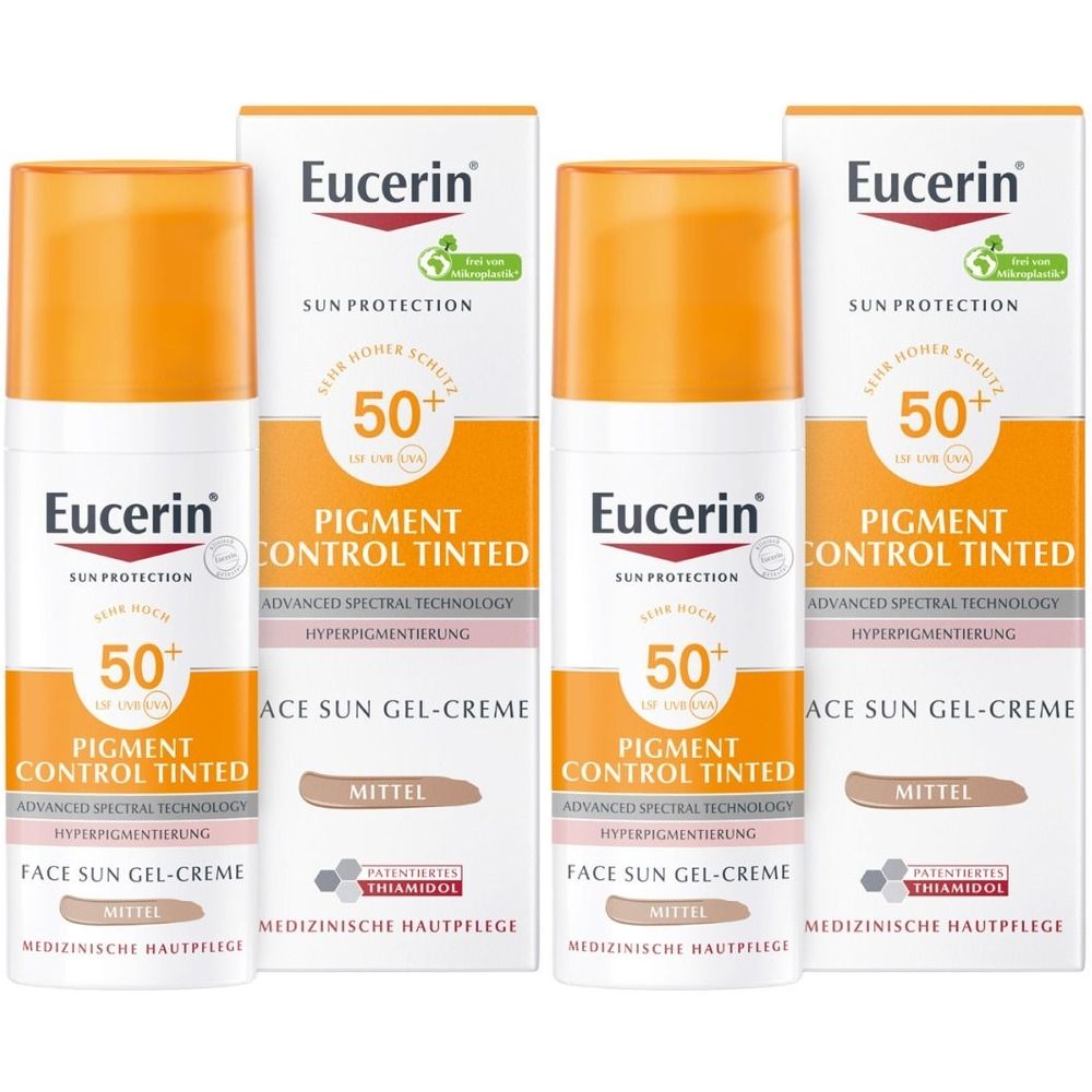 Vier Tuben und Verpackungen von Eucerin Sonnenschutz. Weiß, orangefarben und braun. Text: Pigment Control Tinted, LSF 50+.
