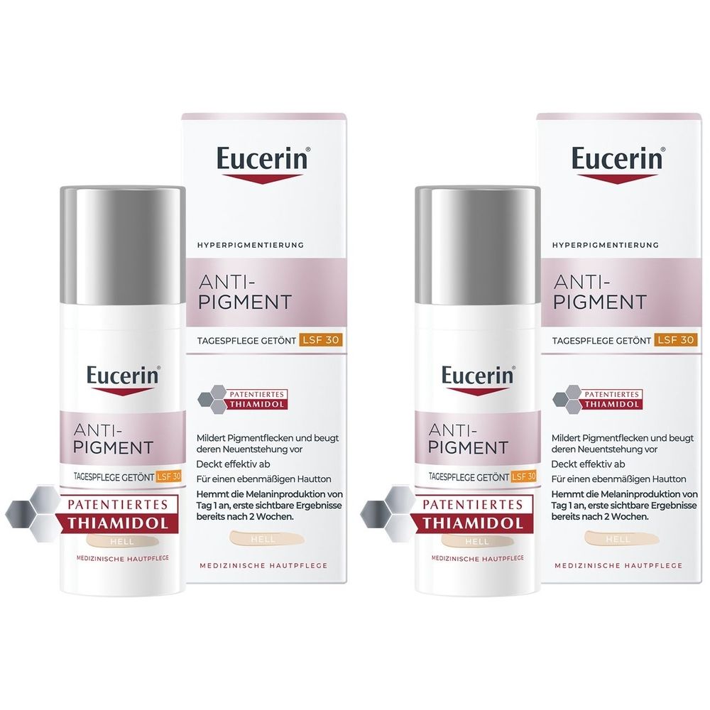 Zwei Eucerin Anti-Pigment Tagescreme-Packungen. Flaschen mit silbernem Deckel und weißem Etikett. Text: Anti-Pigment, LSF 30, Thiamidol.