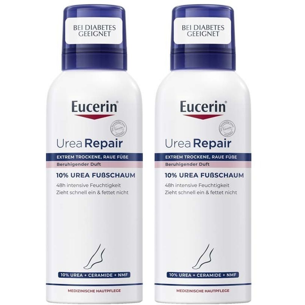 Zwei weiße Flaschen mit blauem Deckel. Aufschrift: Eucerin Urea Repair, 10% Urea Fußschaum. Für trockene Füße. Geeignet für Diabetiker.
