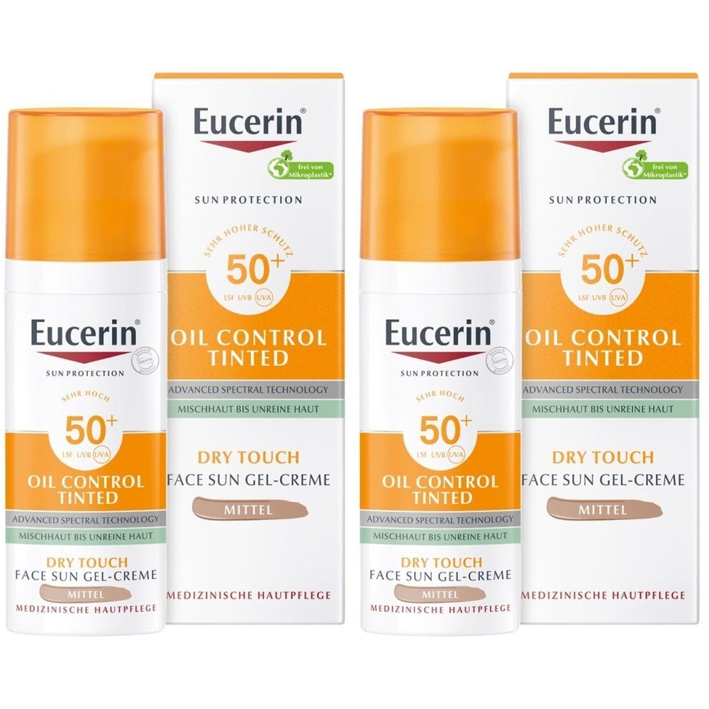 Vier Tuben Eucerin Oil Control Tinted Face Sun Gel-Creme mit LSF 50+. Weiße Tuben mit orangefarbenem Deckel und Produktinformationen.