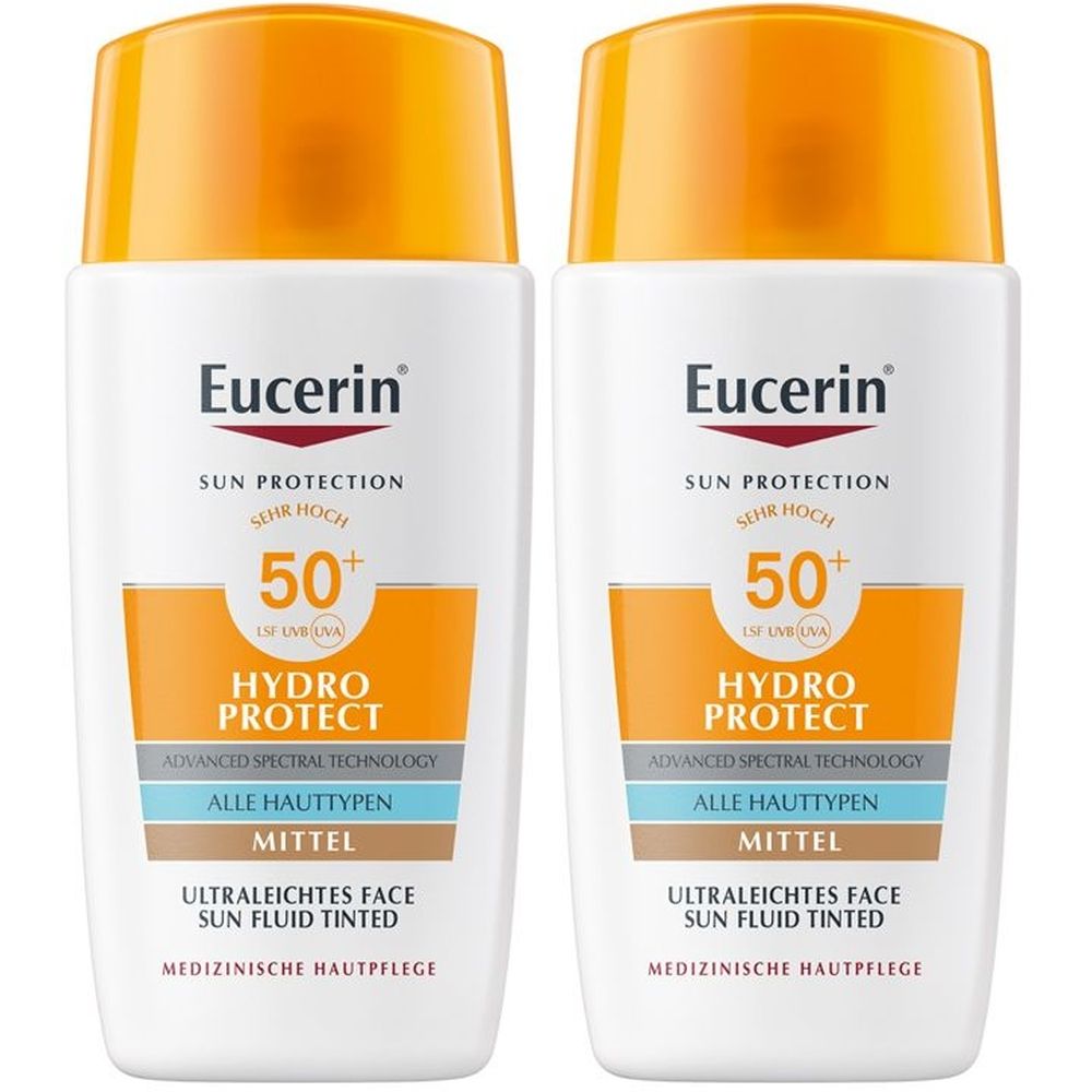 Zwei weiße Flaschen mit orangefarbenem Deckel. Aufschrift: Eucerin, Sun Protection 50+, Hydro Protect, Ultraleichtes Face Sun Fluid Tinted.