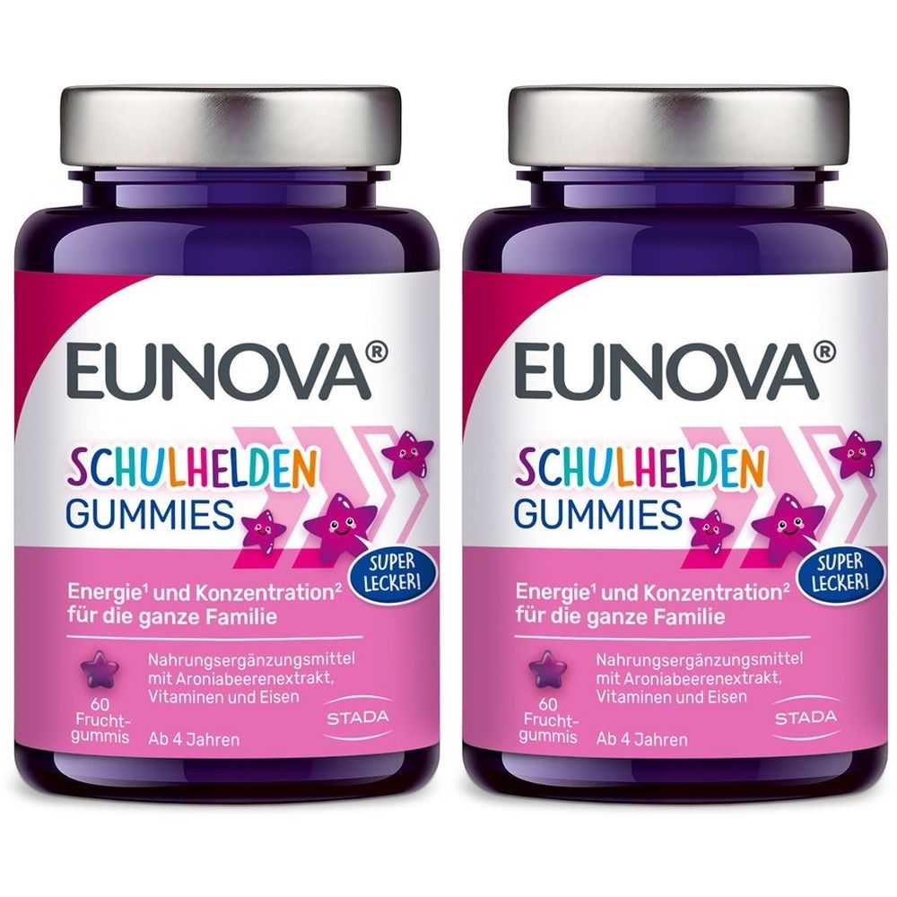 Zwei Flaschen EUNOVA® Schulhelden Gummies. Lila Deckel, rosa Etikett mit Text und Stern-Illustrationen. Enthält 60 Fruchtgummis.