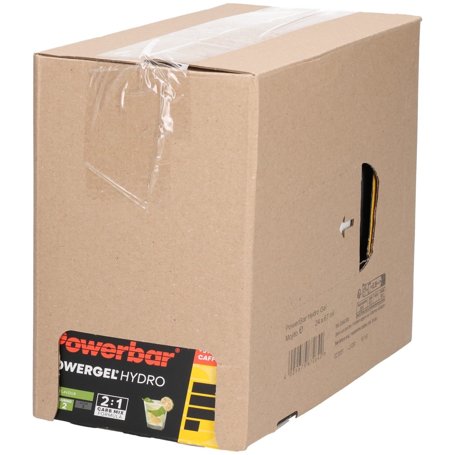 Kartonverpackung mit Powerbar-Produkt. Aufdrucke: PowerGel Hydro, Mojito, Koffein. Sichtbare transparente Folie.