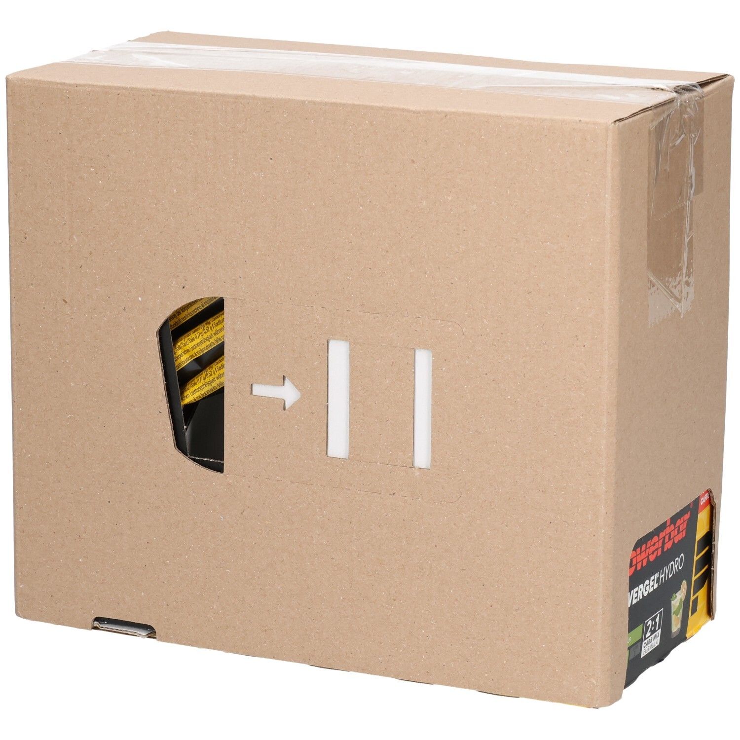 Kartonverpackung mit Aussparung. Powerbar-Produkt teilweise sichtbar. Pfeil zeigt auf das Innere. Gelbe und schwarze Elemente.