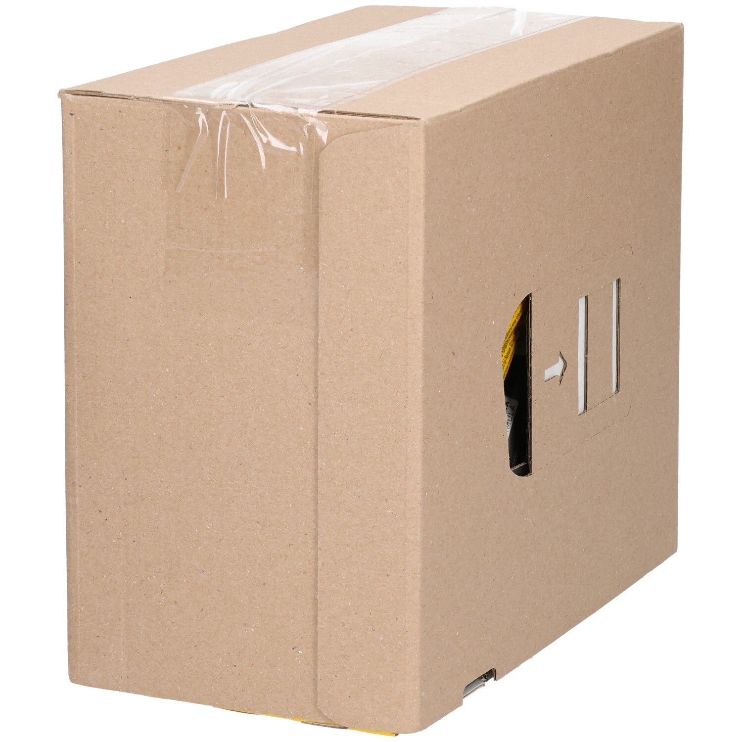 Kartonverpackung mit Aussparung. Powerbar-Produkt teilweise sichtbar. Pfeil zeigt auf das Innere. Gelbe und schwarze Elemente.