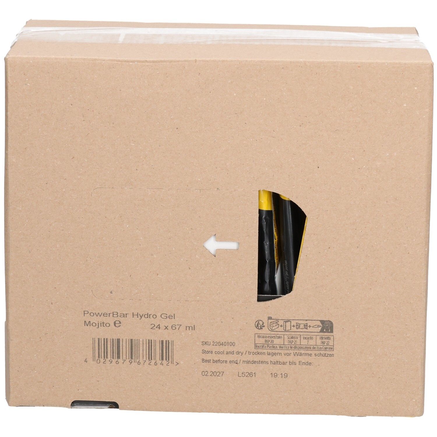Rückseite der Kartonverpackung. Powerbar Hydro Gel Mojito. Aufdrucke: 24 x 67 ml. Barcode und weitere Informationen.