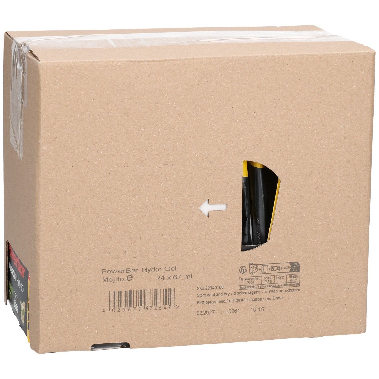 Rückseite der Kartonverpackung. Powerbar Hydro Gel Mojito. Aufdrucke: 24 x 67 ml. Barcode und weitere Informationen.