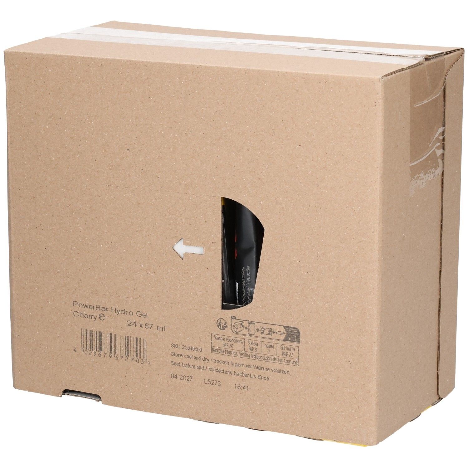 Kartonverpackung mit Sichtfenster. PowerBar Hydro Gel Cherry E, 24 x 67 ml. Pfeil zeigt auf das Produkt. Aufdrucke mit Produktinformationen.