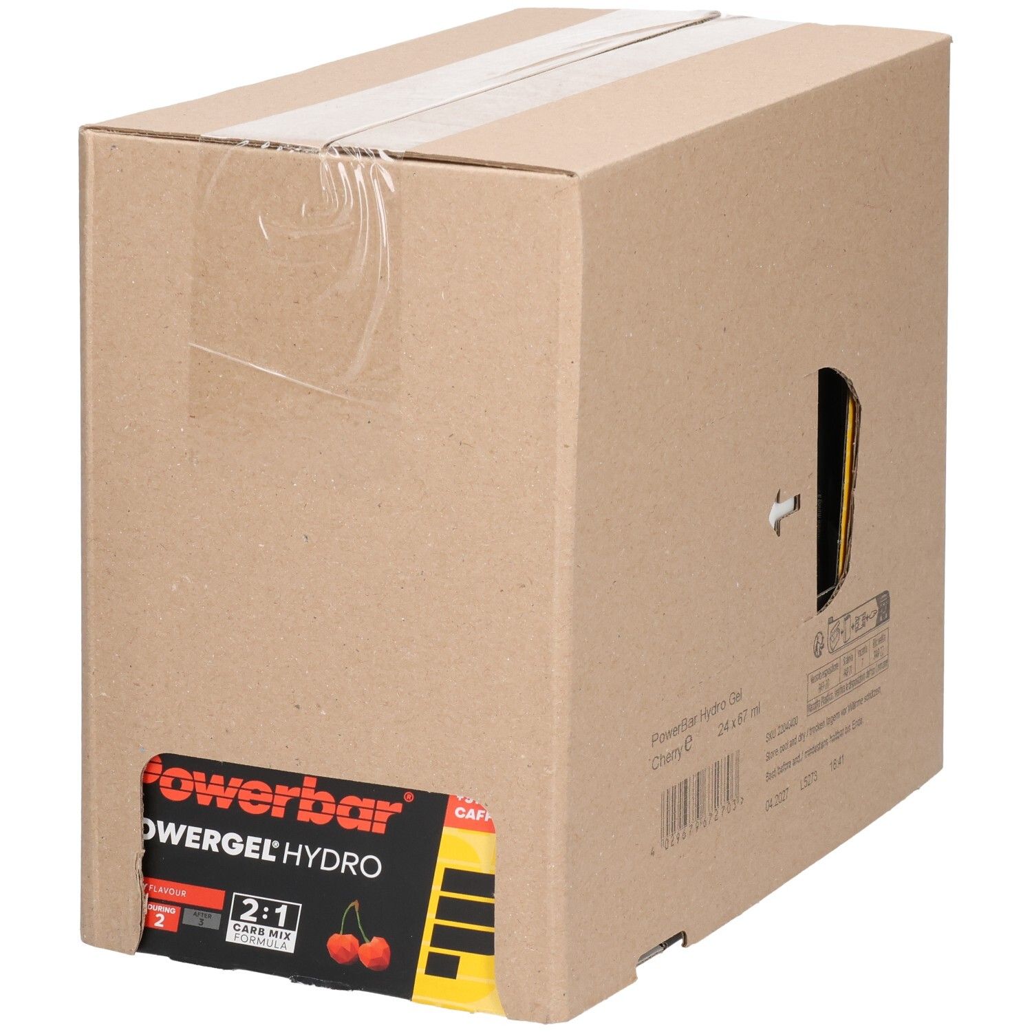 Kartonverpackung mit Sichtfenster. PowerBar PowerGel Hydro Cherry. Rote und schwarze Verpackung. Kirschen-Abbildung. 2:1 Carb Mix.