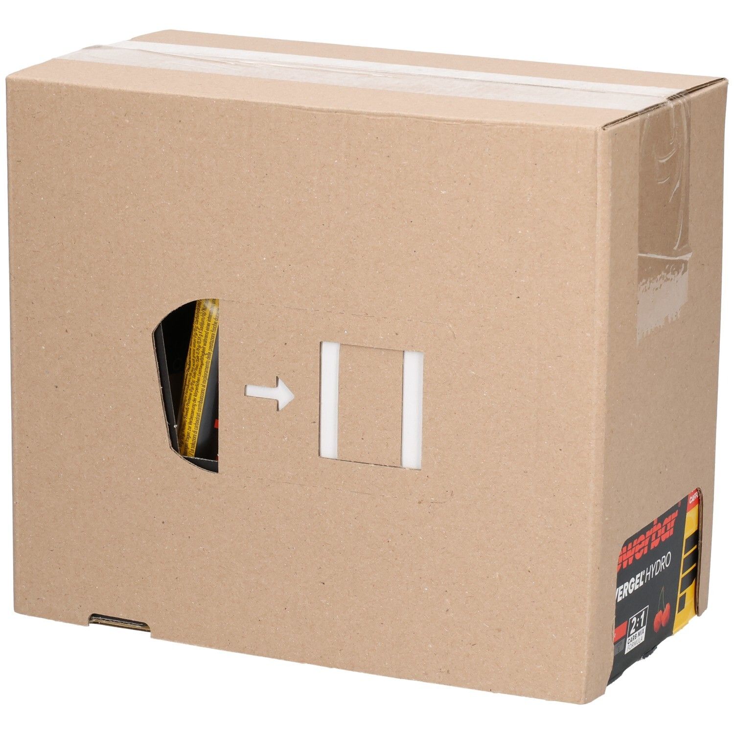 Kartonverpackung mit Sichtfenster. PowerBar Hydro Gel. Schwarze Verpackung mit gelben Elementen. Pfeil zeigt auf das Produkt.