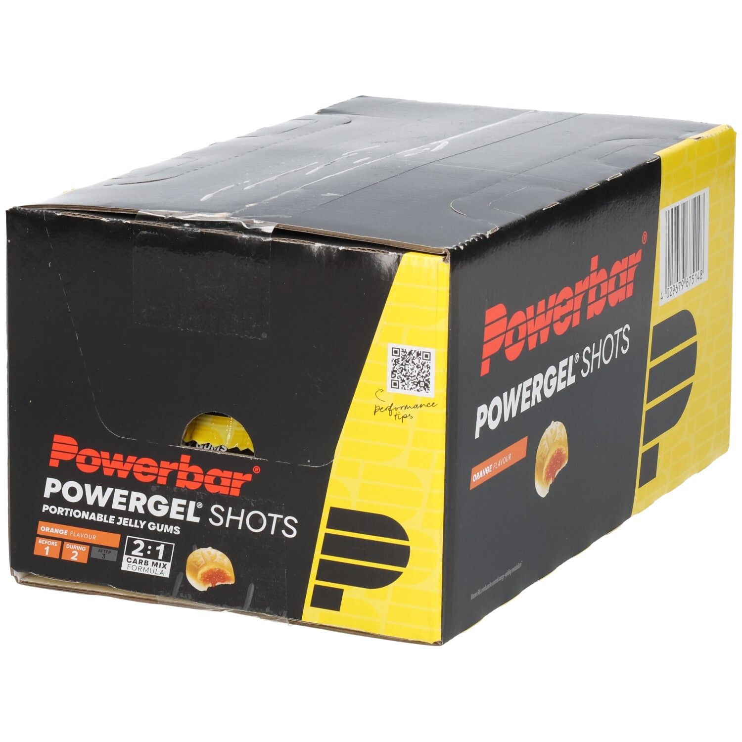 Powerbar PowerGel Shots Orange: Karton mit 12 Beuteln portionierbarer Gummis.
