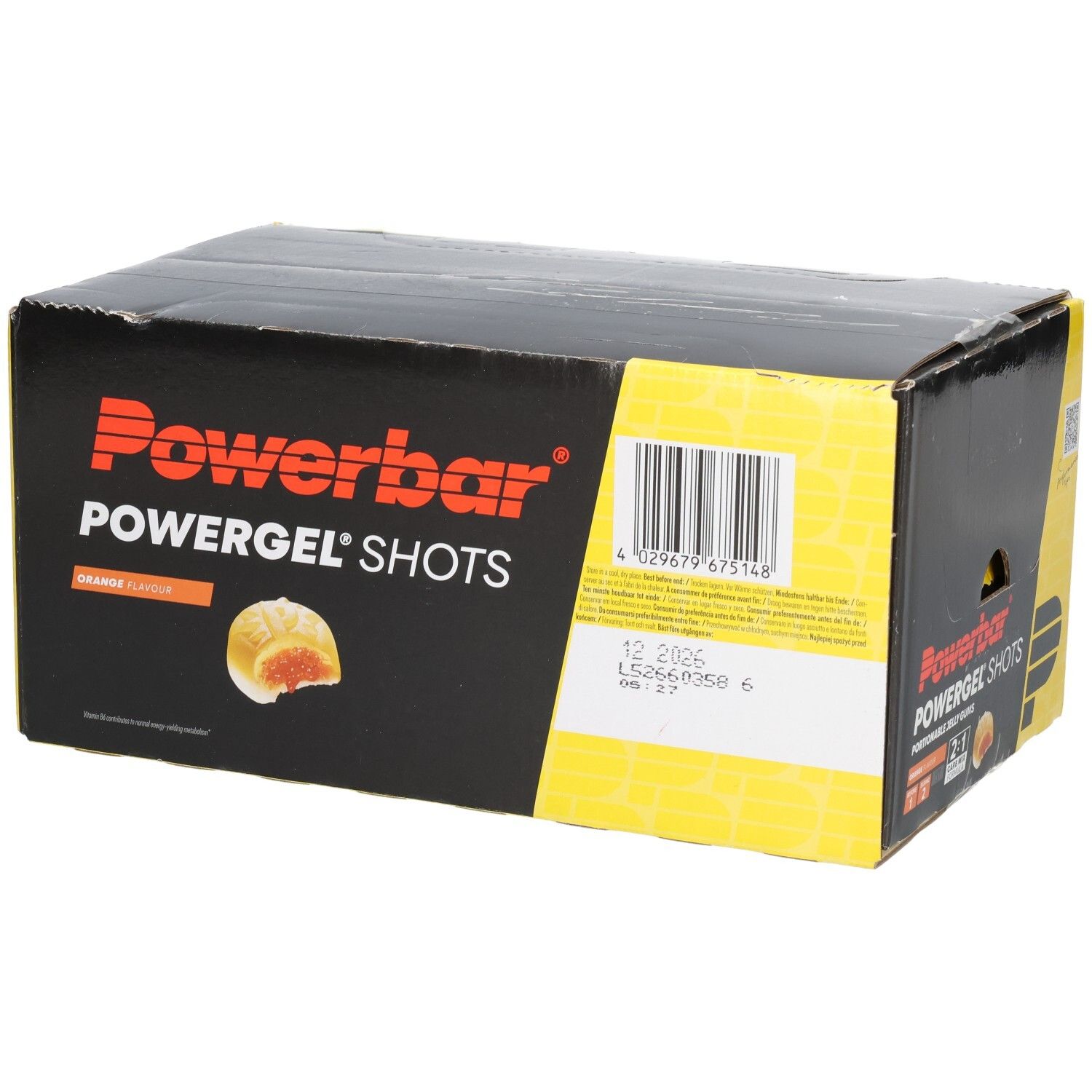 Powerbar PowerGel Shots Orange: Karton mit 12 Beuteln portionierbarer Gummis.