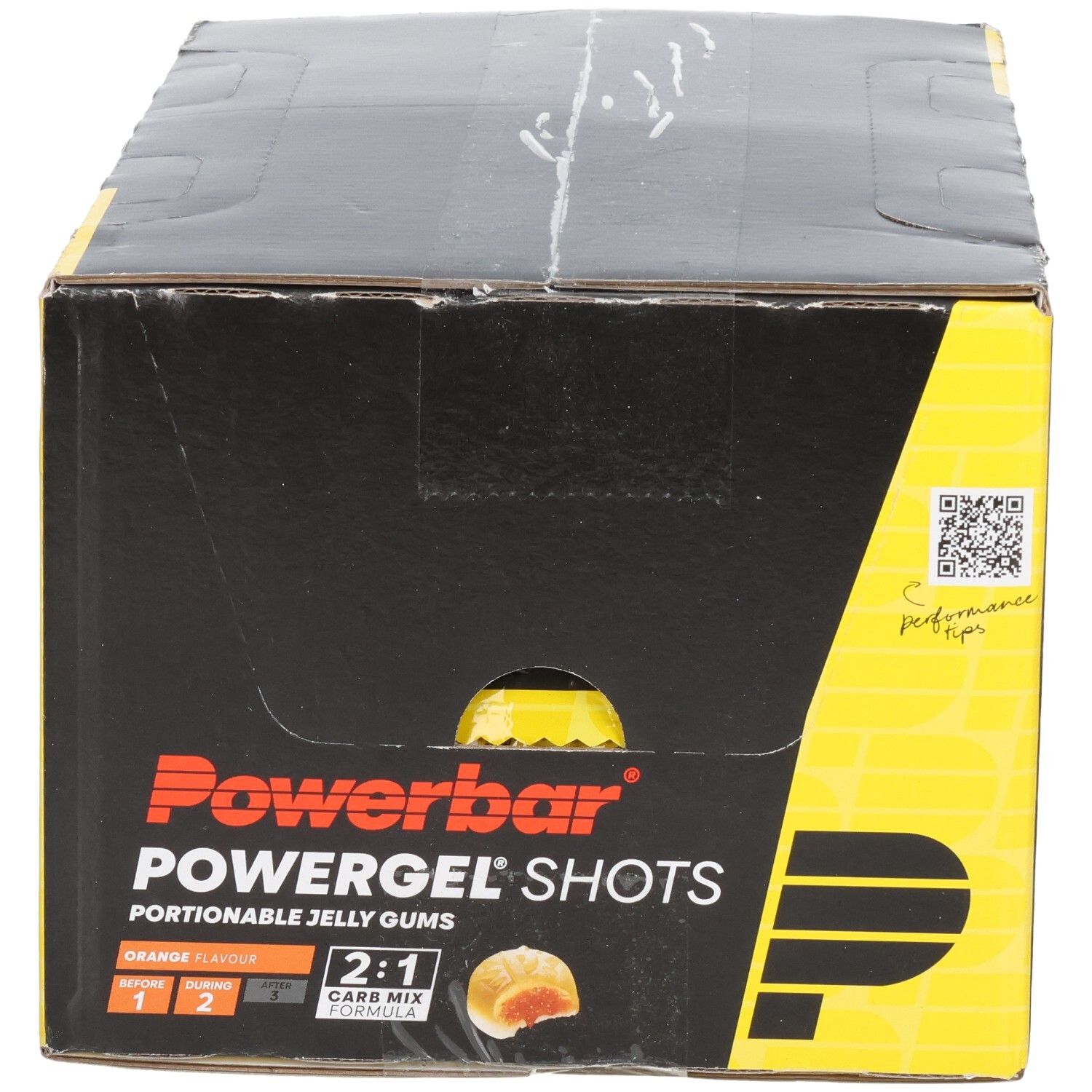 Powerbar PowerGel Shots Orange: Karton mit 12 Beuteln portionierbarer Gummis.