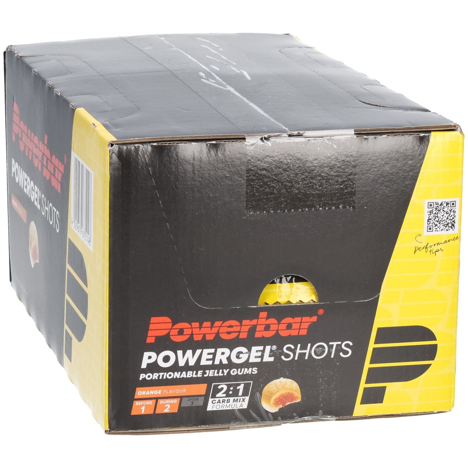Powerbar PowerGel Shots Orange: Karton mit 12 Beuteln portionierbarer Gummis.