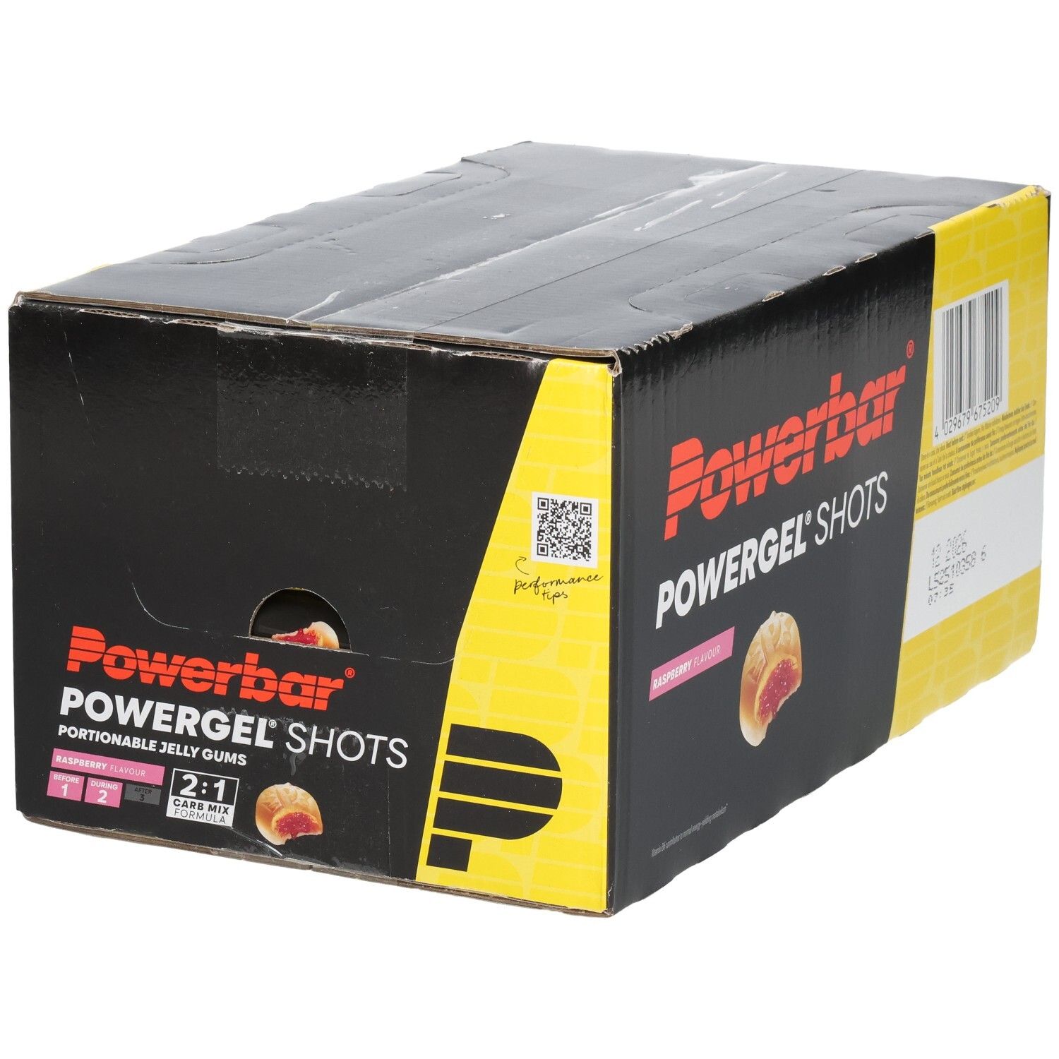 Schwarzer Karton mit Powerbar Powergel Shots. Aufdrucke: Himbeere, 2:1 Carb Mix, Piktogramme. Gelbe und rote Akzente.