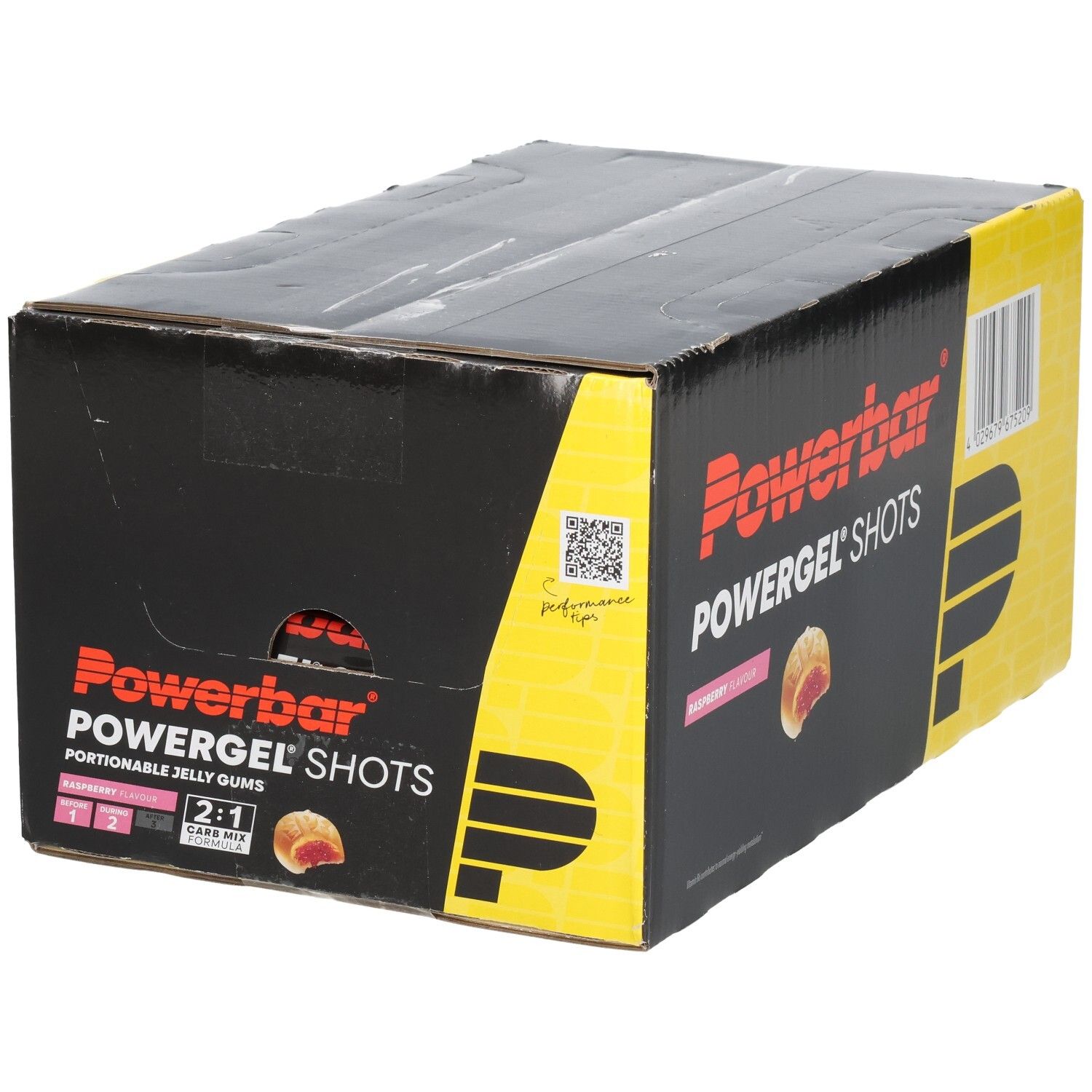 Schwarzer Karton mit Powerbar Powergel Shots. Aufdrucke: Himbeere, 2:1 Carb Mix, Piktogramme. Gelbe und rote Akzente.