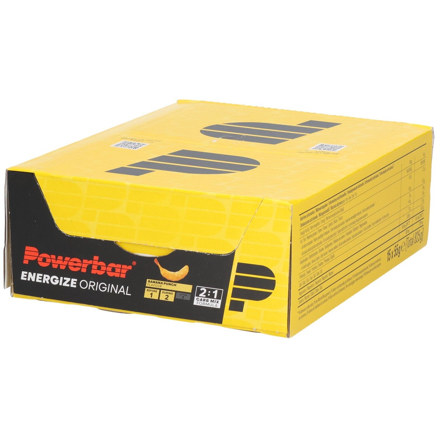 Gelbe Kartonverpackung mit "Powerbar Energize Original"-Logo. Aufschrift "Banana Punch".