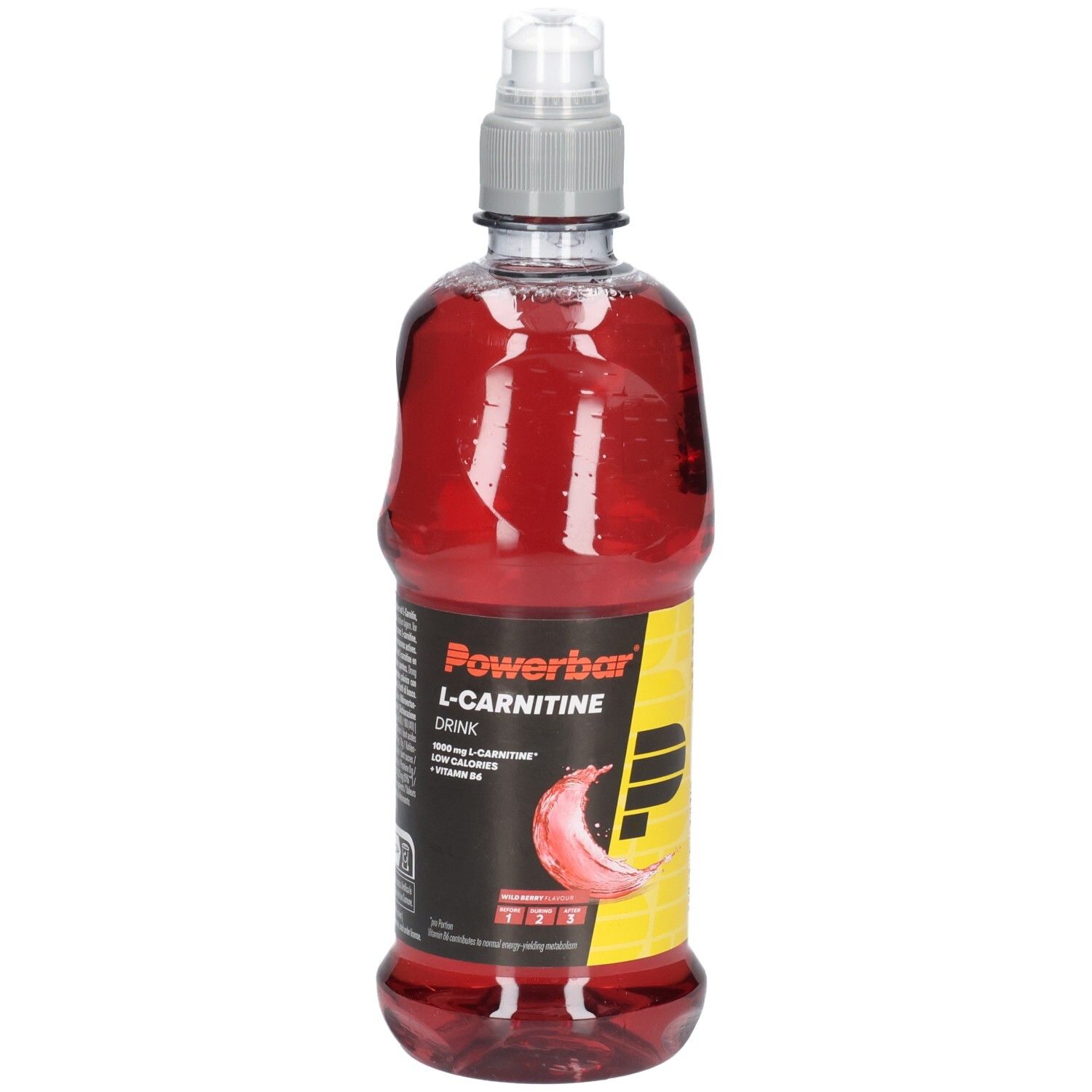 Flasche mit roter Flüssigkeit. Aufschrift: Powerbar L-Carnitin Drink. Mit Vitamin B6. Transparente Flasche mit grauem Deckel.