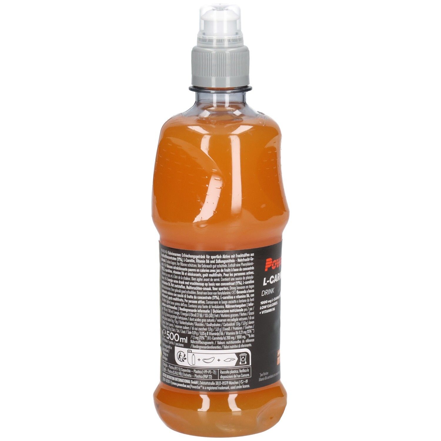 Rückseite der Flasche mit orangenem Getränk. Text und Informationen auf dem Etikett. Grauer Verschluss.
