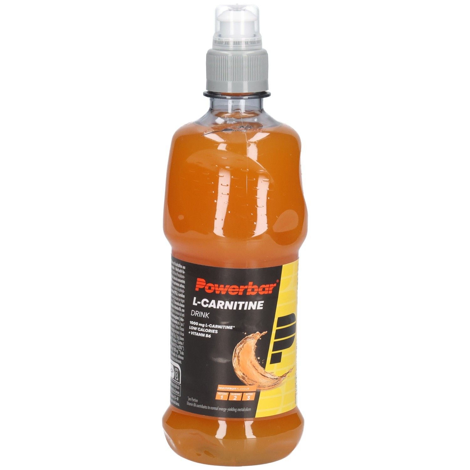 Flasche mit orangenem Getränk. Aufschrift: Powerbar L-Carnitine Drink. Mit Bananen-Grafik. Grauer Verschluss.