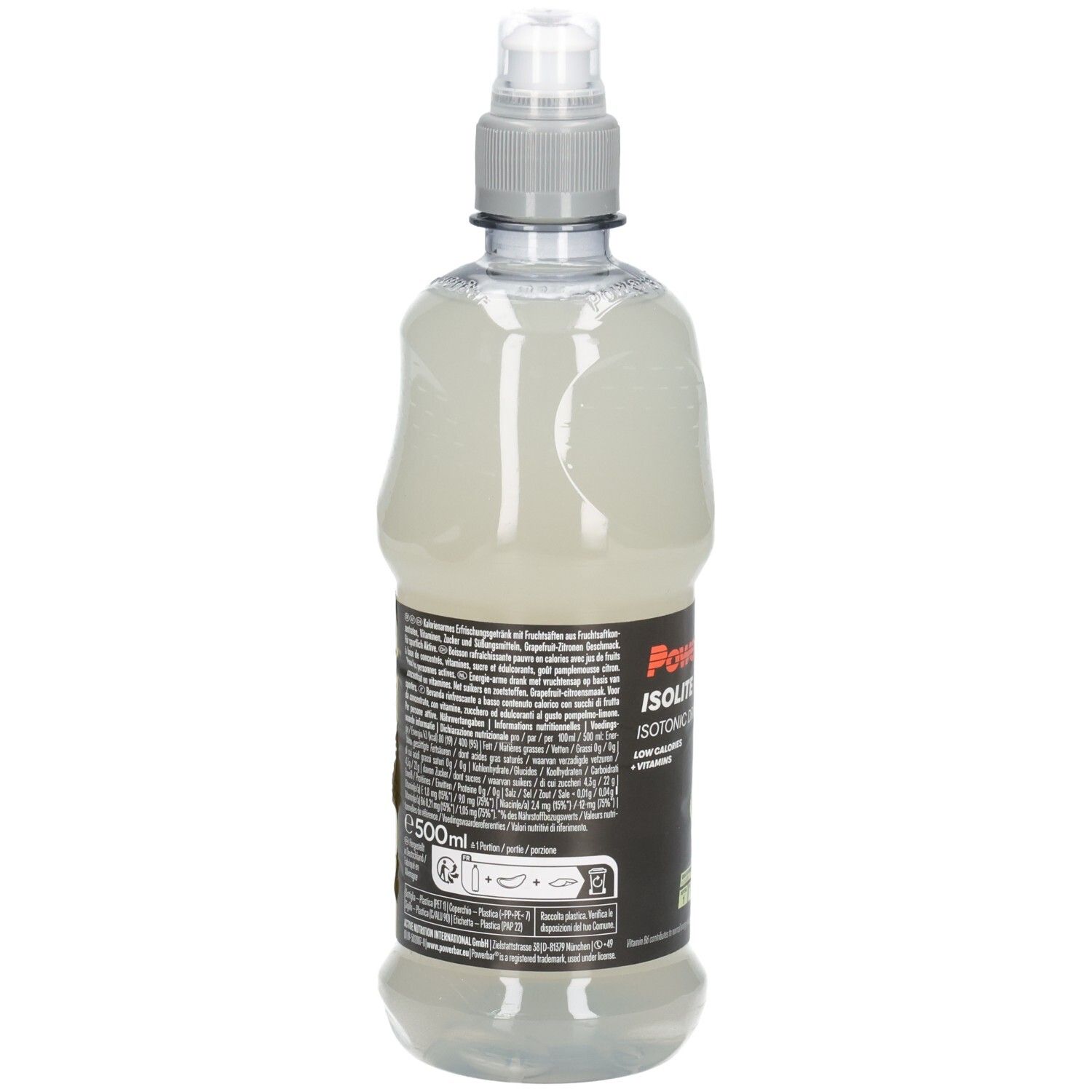 Rückseite der Flasche Powerbar Isolite. Text auf schwarzem und gelbem Etikett. 500ml. Grauer Verschluss. Transparente Flasche mit Flüssigkeit.