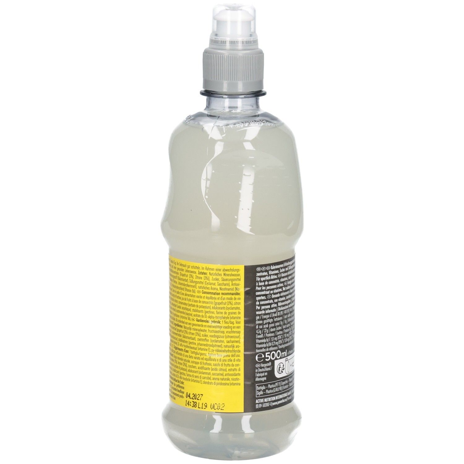 Rückseite der Flasche Powerbar Isolite. Gelbes Etikett mit Text. 500ml. Grauer Verschluss. Transparente Flasche mit Flüssigkeit.