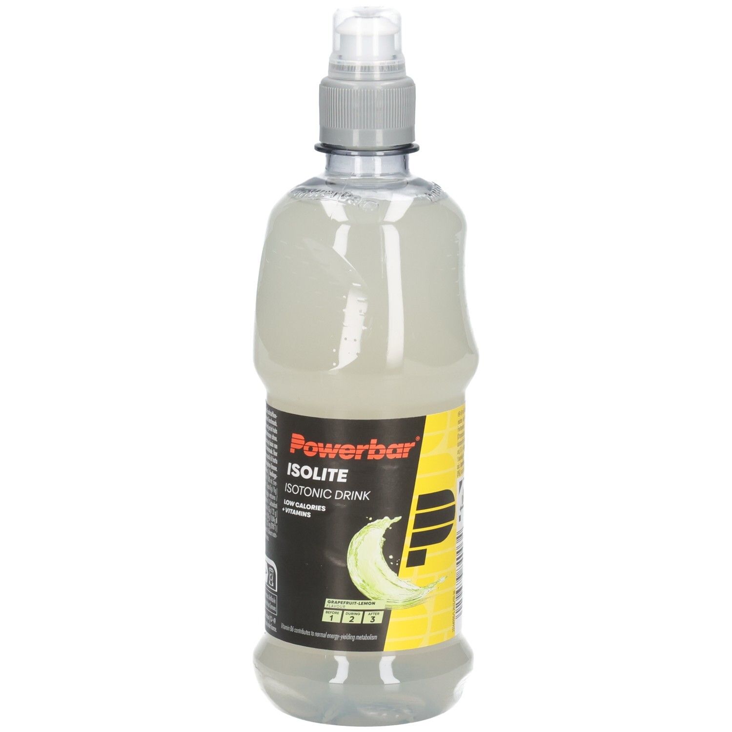 Powerbar Isolite Flasche. Isotonisches Sportgetränk. Grapefruit-Zitrone. Schwarzes Etikett mit gelbem 'P'. Transparente Flasche.