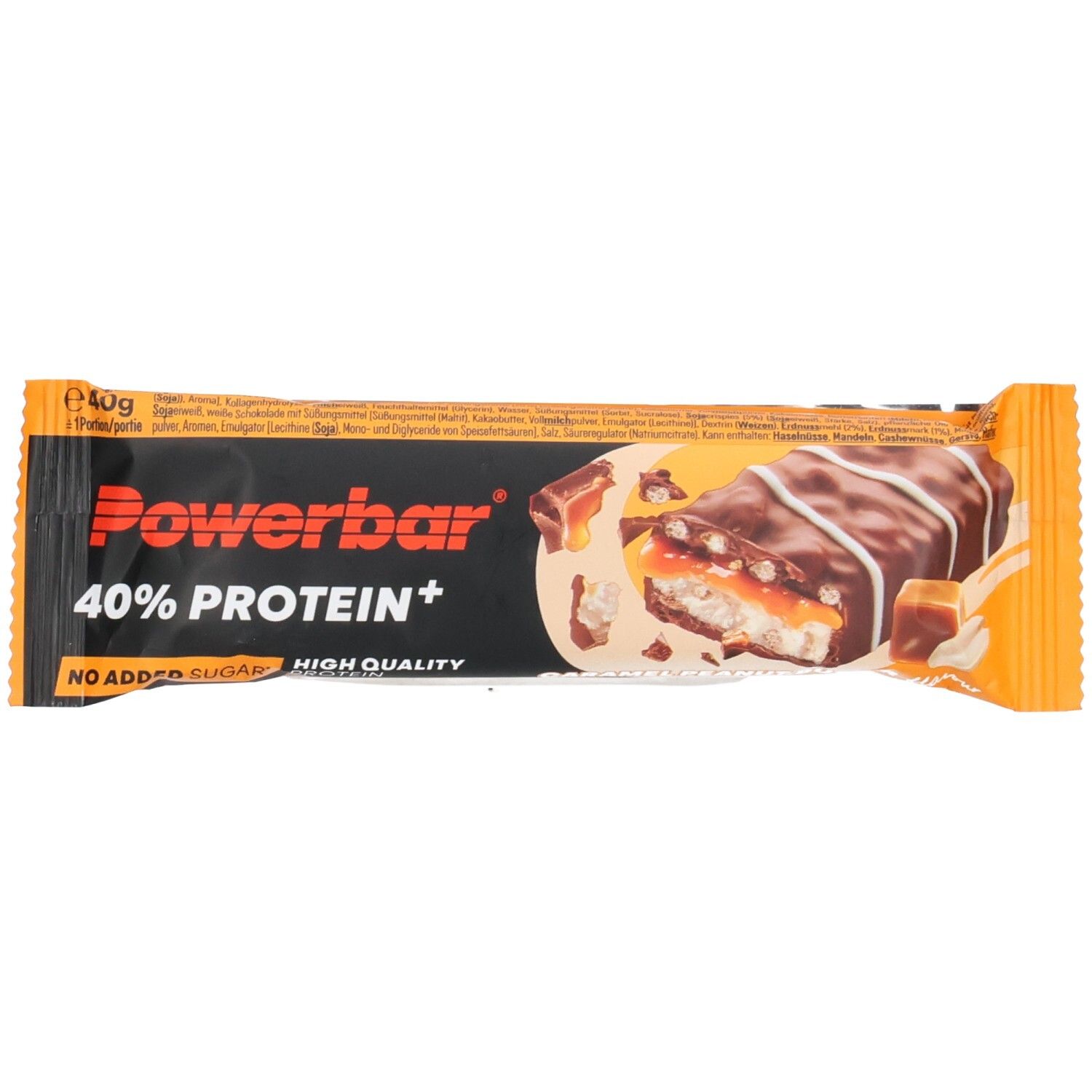 Energieriegel in orangefarbener Verpackung. Aufschrift Powerbar, 40% Protein+, ohne Zuckerzusatz. Riegel teilweise angeschnitten.