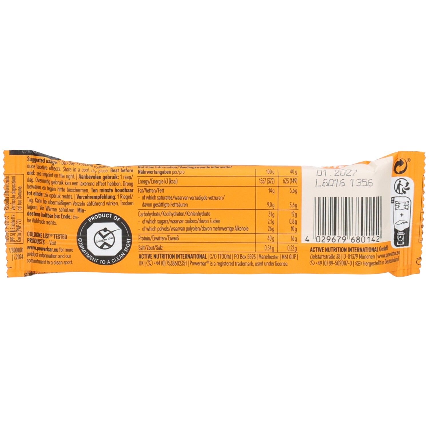 Rückseite eines Energieriegels in orangefarbener Verpackung. Enthält Nährwertangaben, Zutatenliste und Herstellerinformationen.