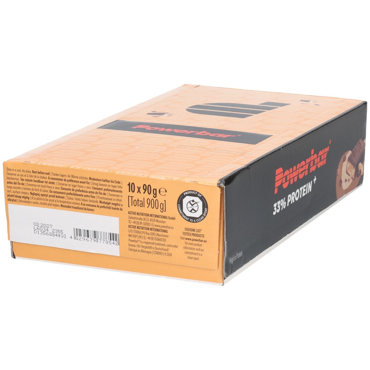 Karton mit Proteinriegeln. Aufschrift: Powerbar 33% Protein+. Enthält 10 Riegel à 90g.