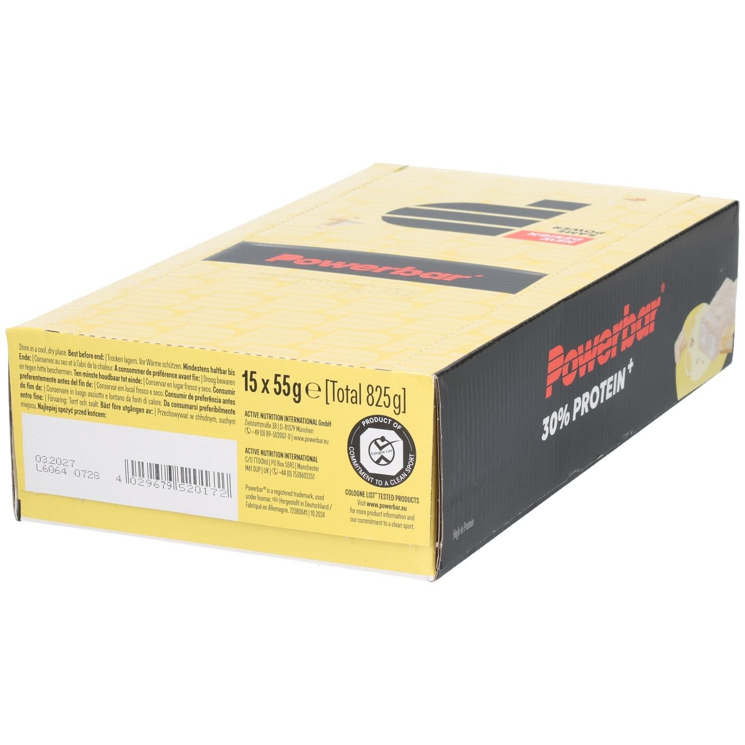 Gelbe Powerbar-Verpackung mit schwarzem Logo und Schriftzug. Enthält 30% Protein+. Aufdruck: Lemon Cheesecake. Enthält 15 Riegel à 55g.