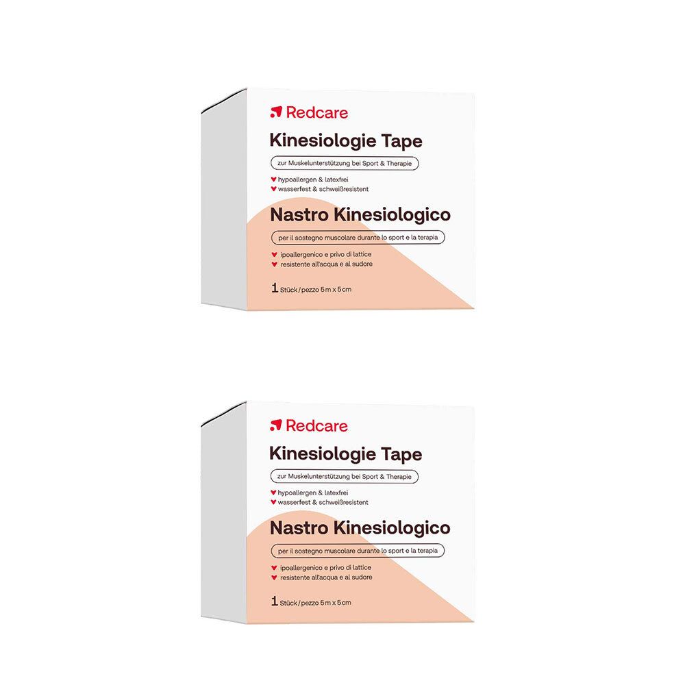 Verpackung von Kinesiologie Tape. Marke Redcare. Aufschrift: Kinesiologie Tape, Nastro Kinesiologico. 1 Rolle, 5cm x 5m.
