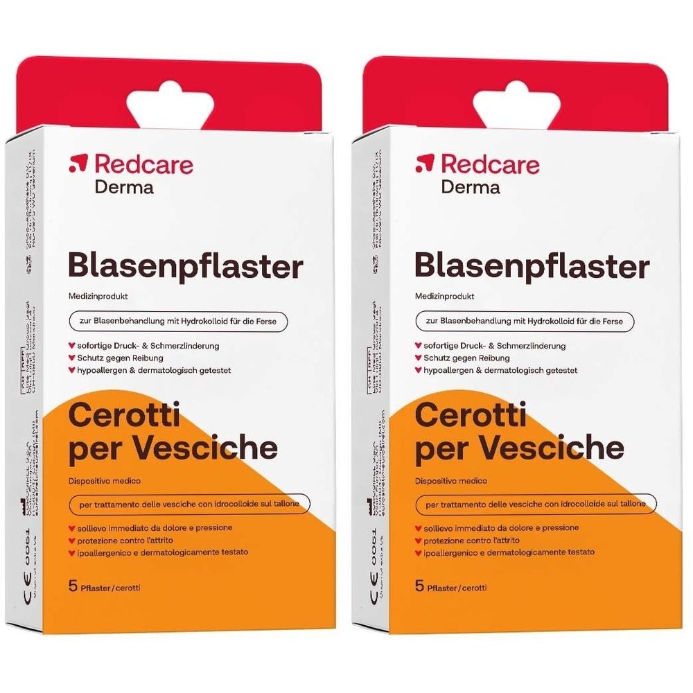Zwei Packungen Blasenpflaster. Aufschrift: Redcare Derma, Blasenpflaster, Cerotti per Vesciche. 5 Pflaster pro Packung.