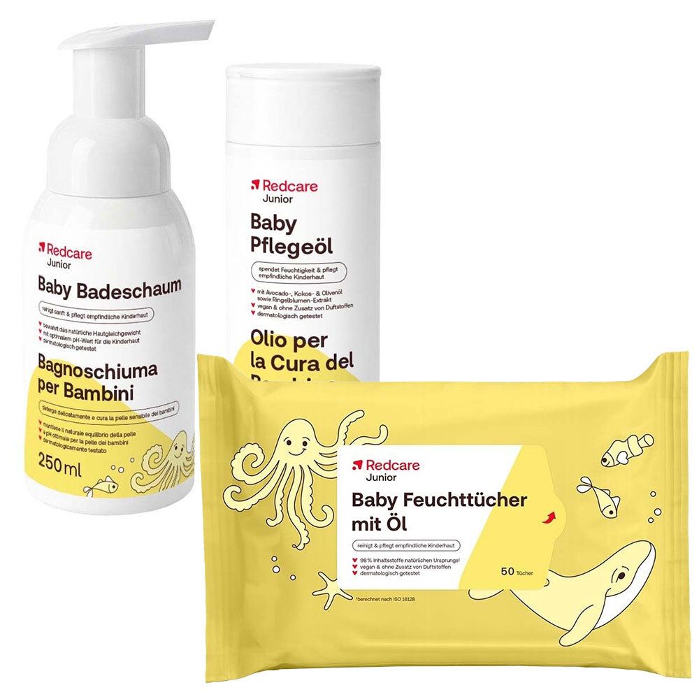 Drei Baby-Pflegeprodukte: Baby Badeschaum, Baby Pflegeöl und Baby Feuchttücher mit Öl. Alle Produkte haben das Redcare Junior Logo.