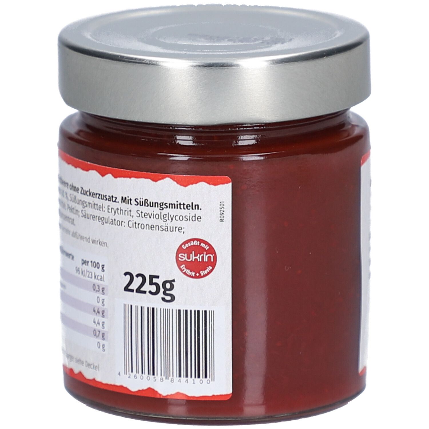 Glas mit Erdbeer-Fruchtaufstrich. Rückseite mit Nährwertangaben und 225g. Sukrin Logo. Barcode.