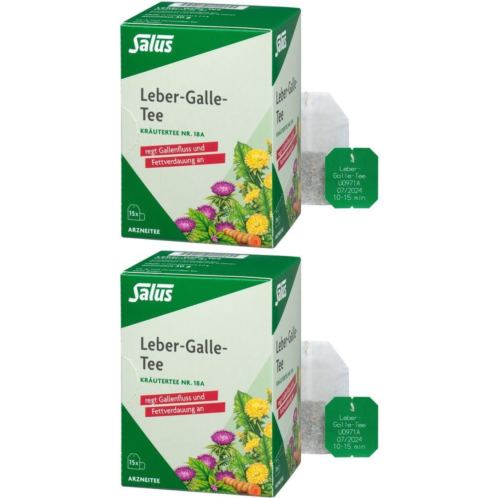 Zwei Packungen Salus® Leber-Galle-Tee. Jede Packung enthält 15 Teebeutel. Ein Teebeutel ist sichtbar.