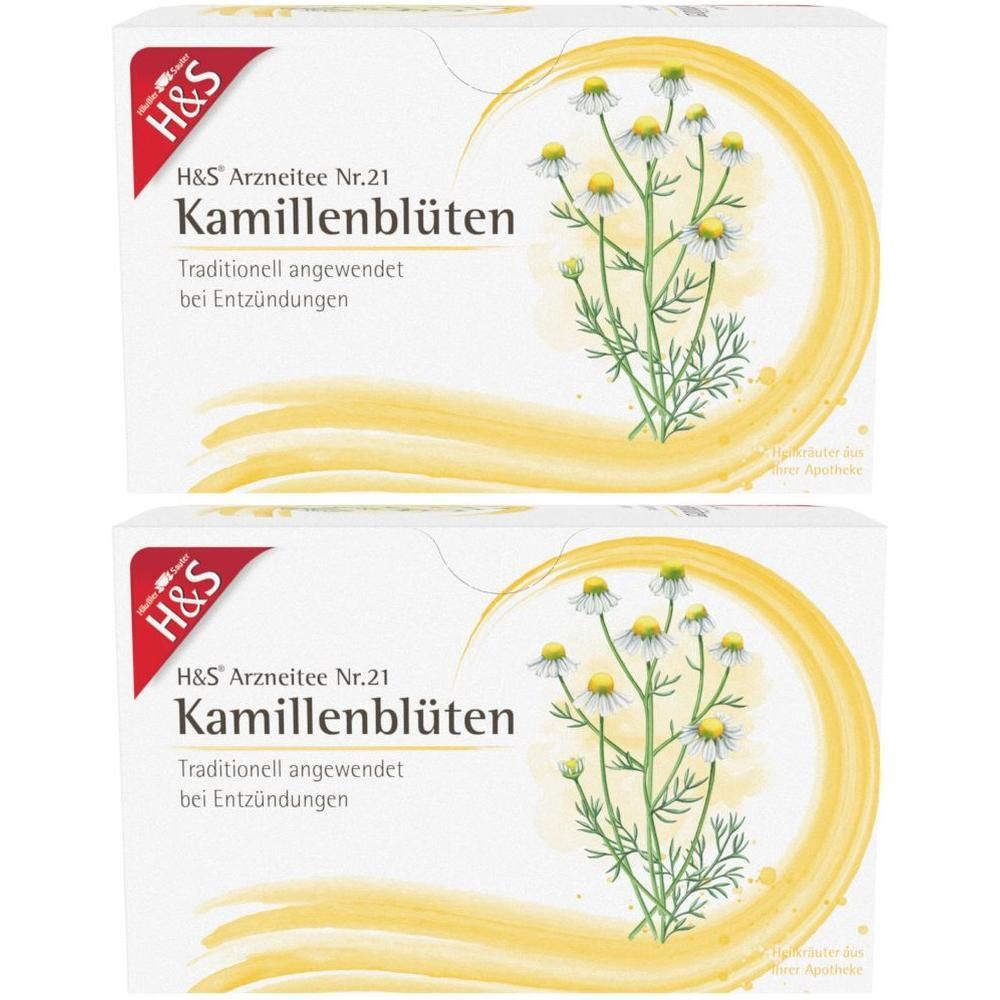 Zwei Packungen H&S Kamillenblüten Nr. 21. Weiße Kartons mit rotem Logo und gelben Verzierungen. Text: Kamillenblüten, traditionell angewendet bei Entzündungen.