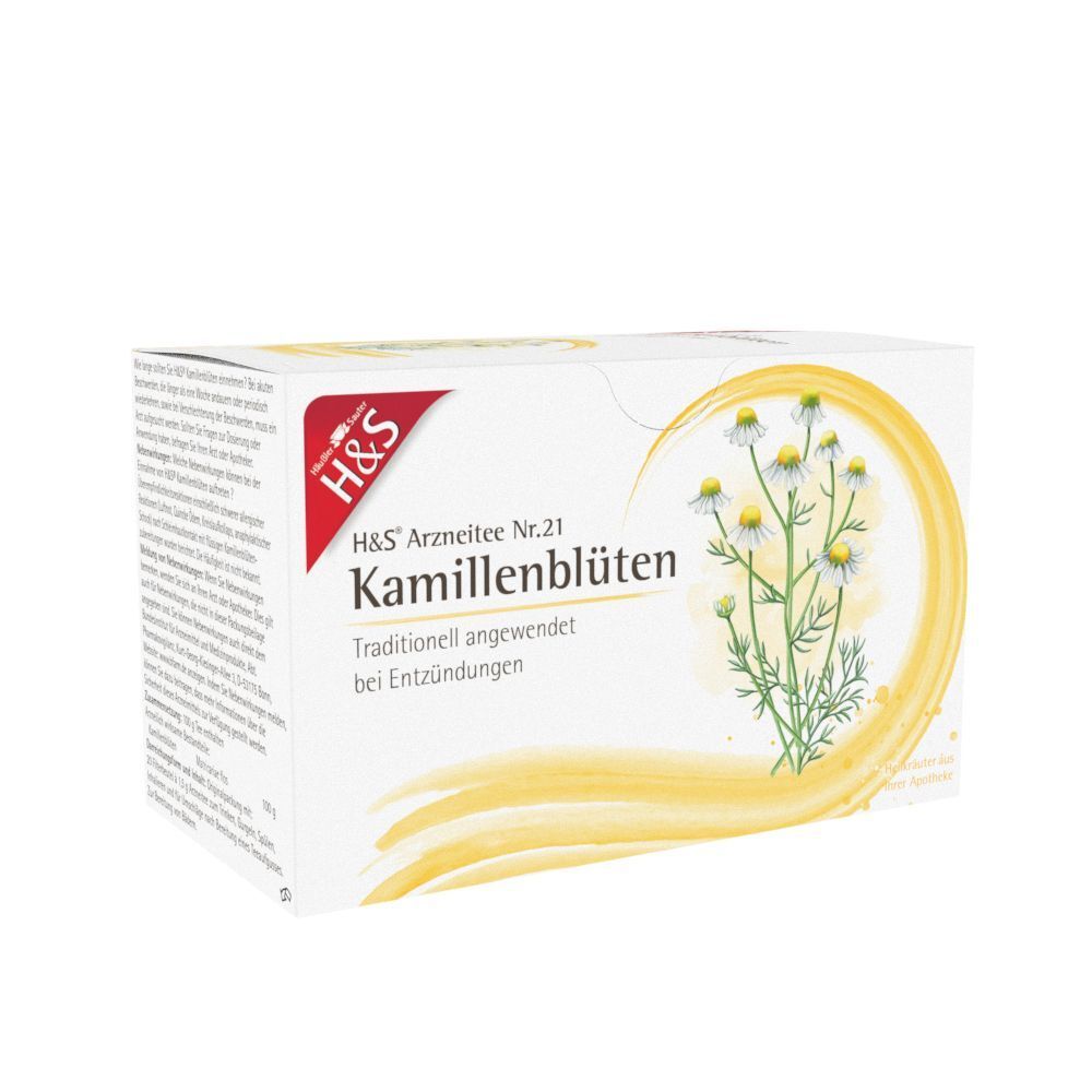 H&S Kamillenblüten Nr. 21 Packung. Weißer Karton mit rotem Logo und gelben Verzierungen. Text: Kamillenblüten, traditionell angewendet bei Entzündungen.