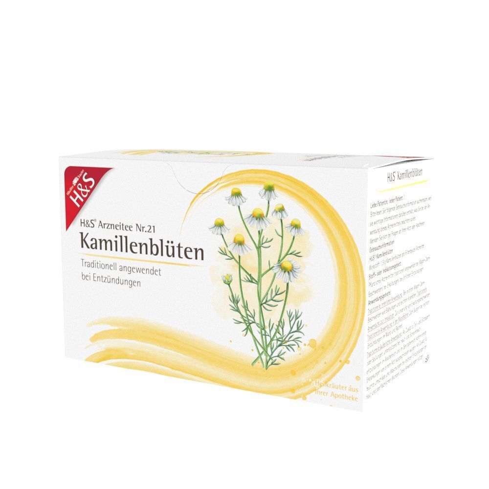 H&S Kamillenblüten Nr. 21 Packung. Weißer Karton mit rotem Logo und gelben Verzierungen. Text: Kamillenblüten, traditionell angewendet bei Entzündungen.